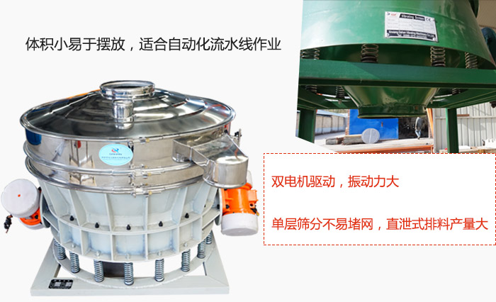 雙電機(jī)驅(qū)動，振動力大，單層篩分不易堵網(wǎng)，直泄式排料產(chǎn)量大