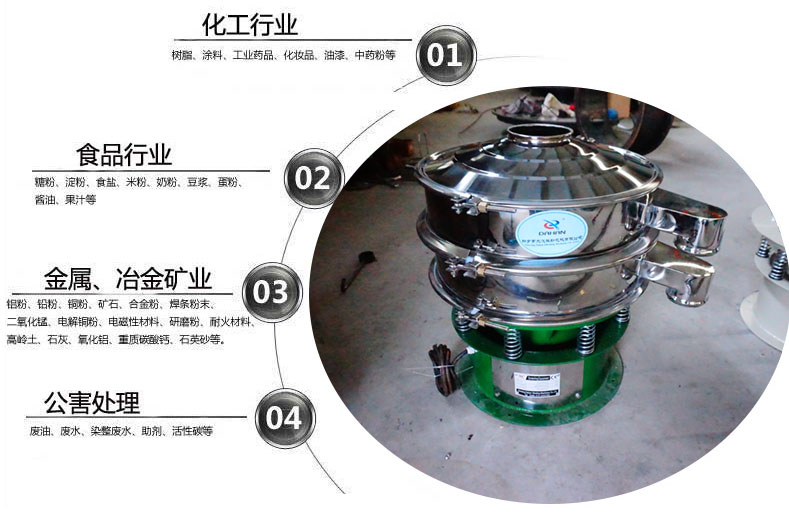 面粉振動篩粉機(jī)適用于化工，食品，金屬、冶金，公害處理等行業(yè)